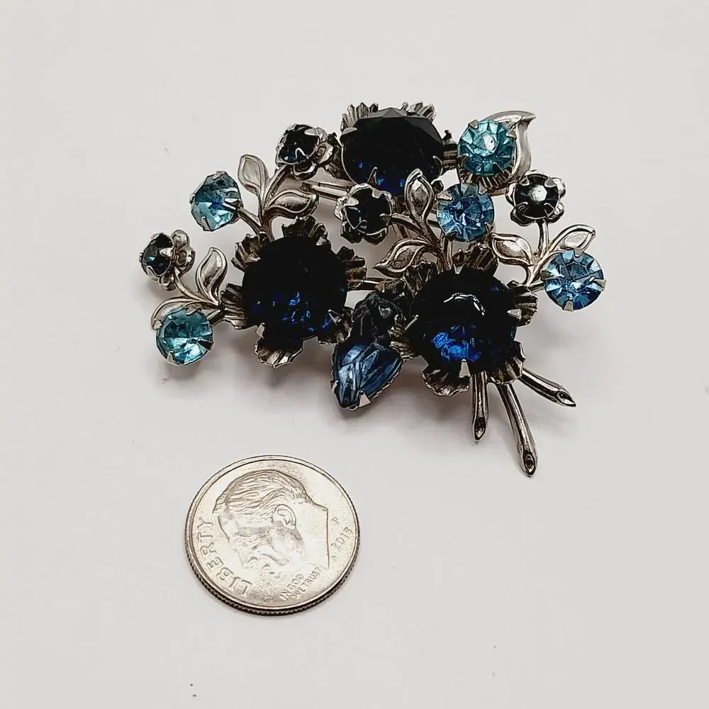 Vintage 1950s Blue Rhinestone Floral Brooch Silver Tone Mid Century